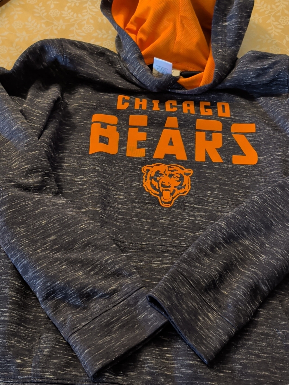 Chicago Bears Kids Hooded Pullover Sweatshirt - Navy Heather with Orange Logo